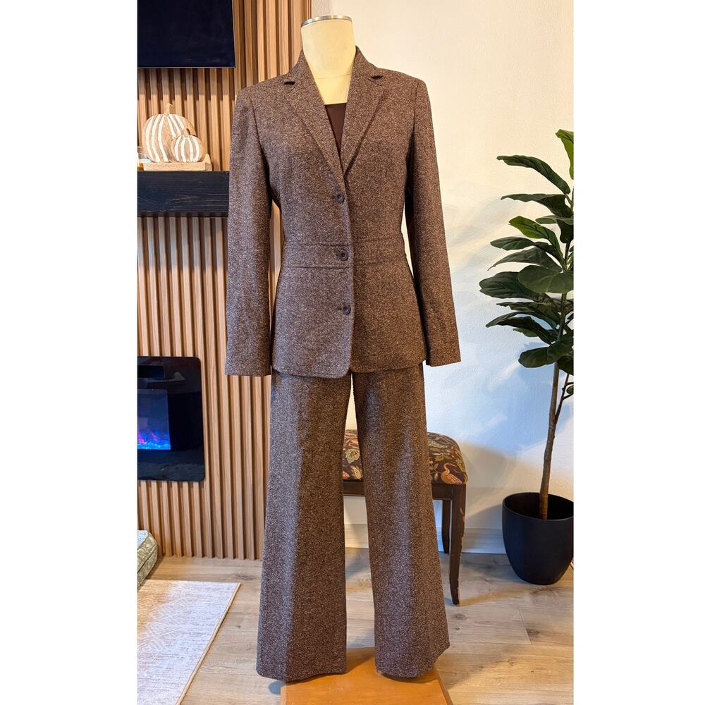 Casual Corner Annex Size 8 Brown Wool Silk Tweed Pantsuit Blazer Wide Leg Pants